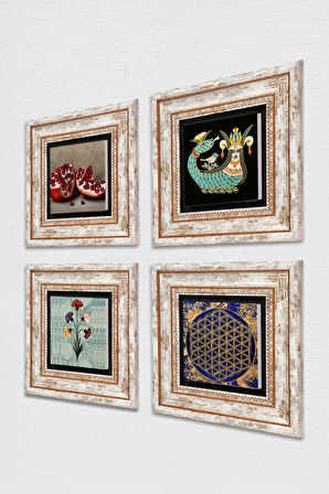 Ebru Sanatı, Yaşam Çiçeği, Şahmeran, Nar Taş Duvar Tablosu Çerçeveli Duvar Dekoru 4 Parça Tablo Seti Wall Art