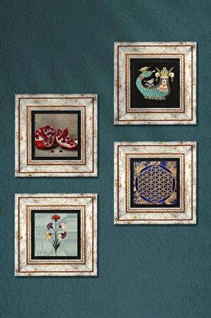 Ebru Sanatı, Yaşam Çiçeği, Şahmeran, Nar Taş Duvar Tablosu Çerçeveli Duvar Dekoru 4 Parça Tablo Seti Wall Art