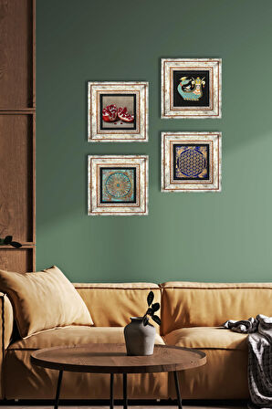 Yaşam Çiçeği, Şahmeran, Nar Taş Duvar Tablosu Çerçeveli Duvar Dekoru 4 Parça Tablo Seti Wall Art