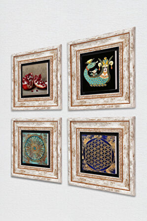 Yaşam Çiçeği, Şahmeran, Nar Taş Duvar Tablosu Çerçeveli Duvar Dekoru 4 Parça Tablo Seti Wall Art