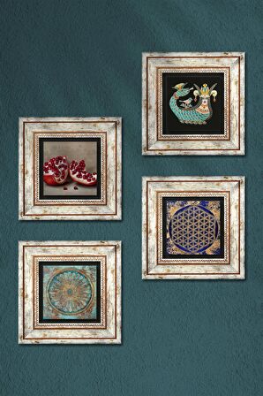 Yaşam Çiçeği, Şahmeran, Nar Taş Duvar Tablosu Çerçeveli Duvar Dekoru 4 Parça Tablo Seti Wall Art