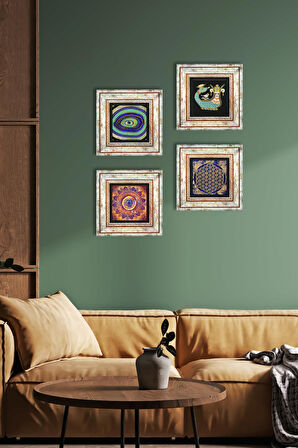 Mandala, Nazar, Yaşam Çiçeği, Şahmeran Taş Duvar Tablosu Çerçeveli Duvar Dekoru 4 Parça Tablo Seti Wall Art