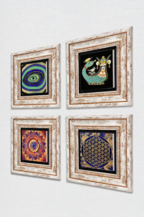 Mandala, Nazar, Yaşam Çiçeği, Şahmeran Taş Duvar Tablosu Çerçeveli Duvar Dekoru 4 Parça Tablo Seti Wall Art