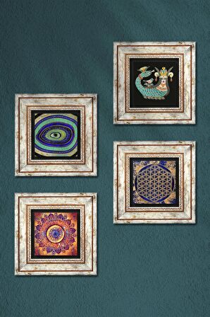 Mandala, Nazar, Yaşam Çiçeği, Şahmeran Taş Duvar Tablosu Çerçeveli Duvar Dekoru 4 Parça Tablo Seti Wall Art