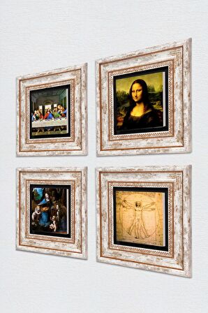 Leonardo da Vinci Taş Duvar Tablosu Çerçeveli Duvar Dekoru 4 Parça Tablo Seti Wall Art