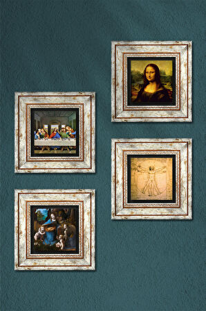 Leonardo da Vinci Taş Duvar Tablosu Çerçeveli Duvar Dekoru 4 Parça Tablo Seti Wall Art