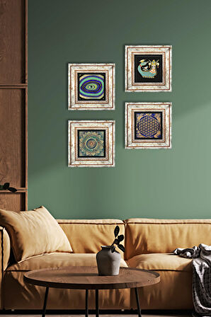 Mandala, Nazar, Yaşam Çiçeği, Şahmeran Taş Duvar Tablosu Çerçeveli Duvar Dekoru 4 Parça Tablo Seti Wall Art