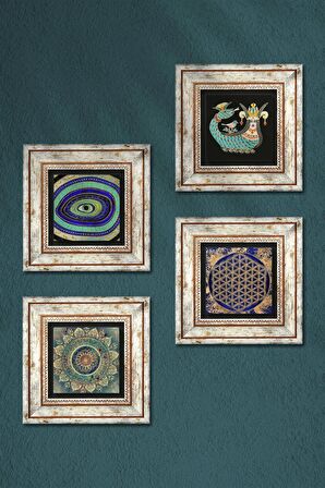 Mandala, Nazar, Yaşam Çiçeği, Şahmeran Taş Duvar Tablosu Çerçeveli Duvar Dekoru 4 Parça Tablo Seti Wall Art