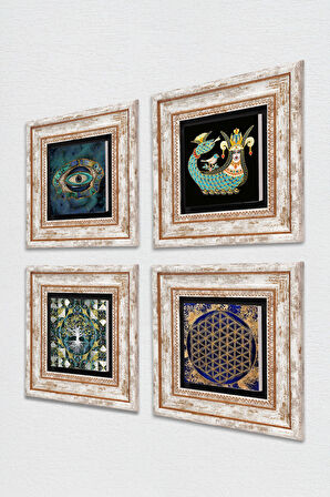 Hayat Ağacı, Nazar, Yaşam Çiçeği, Şahmeran Taş Duvar Tablosu Çerçeveli Duvar Dekoru 4 Parça Tablo Seti Wall Art