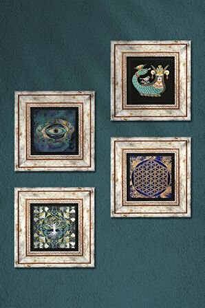 Hayat Ağacı, Nazar, Yaşam Çiçeği, Şahmeran Taş Duvar Tablosu Çerçeveli Duvar Dekoru 4 Parça Tablo Seti Wall Art