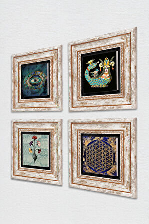 Ebru Sanatı, Nazar, Yaşam Çiçeği, Şahmeran Taş Duvar Tablosu Çerçeveli Duvar Dekoru 4 Parça Tablo Seti Wall Art