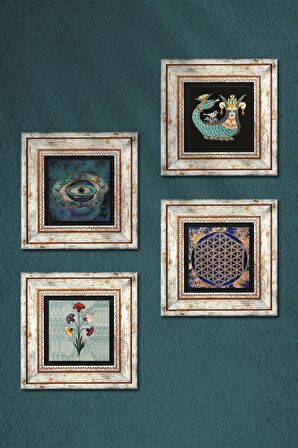 Ebru Sanatı, Nazar, Yaşam Çiçeği, Şahmeran Taş Duvar Tablosu Çerçeveli Duvar Dekoru 4 Parça Tablo Seti Wall Art
