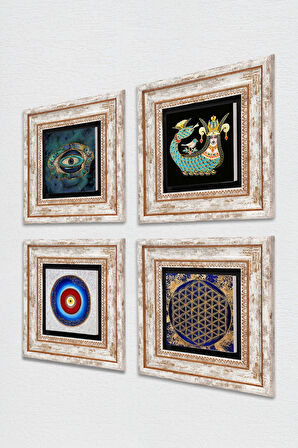 Nazar, Yaşam Çiçeği, Şahmeran Taş Duvar Tablosu Çerçeveli Duvar Dekoru 4 Parça Tablo Seti Wall Art