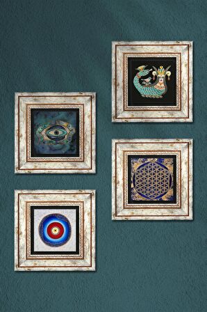 Nazar, Yaşam Çiçeği, Şahmeran Taş Duvar Tablosu Çerçeveli Duvar Dekoru 4 Parça Tablo Seti Wall Art