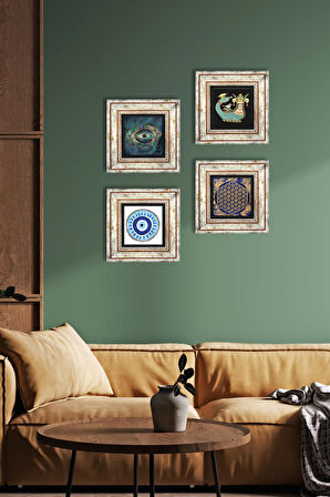 Nazar, Yaşam Çiçeği, Şahmeran Taş Duvar Tablosu Çerçeveli Duvar Dekoru 4 Parça Tablo Seti Wall Art