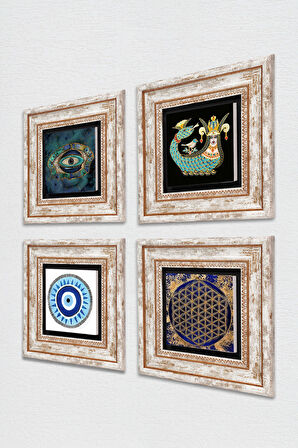 Nazar, Yaşam Çiçeği, Şahmeran Taş Duvar Tablosu Çerçeveli Duvar Dekoru 4 Parça Tablo Seti Wall Art