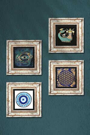 Nazar, Yaşam Çiçeği, Şahmeran Taş Duvar Tablosu Çerçeveli Duvar Dekoru 4 Parça Tablo Seti Wall Art