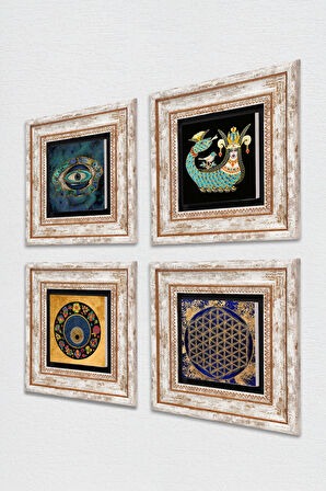 Yaşam Çiçeği, Nazar, Şahmeran Taş Duvar Tablosu Çerçeveli Duvar Dekoru 4 Parça Tablo Seti Wall Art