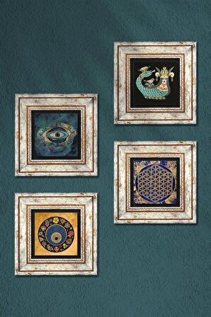 Yaşam Çiçeği, Nazar, Şahmeran Taş Duvar Tablosu Çerçeveli Duvar Dekoru 4 Parça Tablo Seti Wall Art