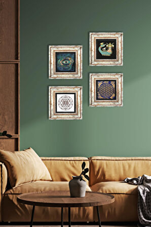 Nazar, Sri Yantra, Yaşam Çiçeği, Şahmeran Taş Duvar Tablosu Çerçeveli Duvar Dekoru 4 Parça Tablo Seti Wall Art
