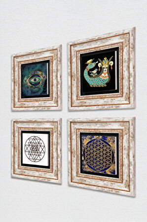 Nazar, Sri Yantra, Yaşam Çiçeği, Şahmeran Taş Duvar Tablosu Çerçeveli Duvar Dekoru 4 Parça Tablo Seti Wall Art