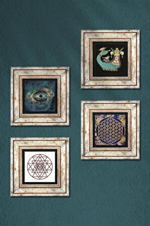 Nazar, Sri Yantra, Yaşam Çiçeği, Şahmeran Taş Duvar Tablosu Çerçeveli Duvar Dekoru 4 Parça Tablo Seti Wall Art