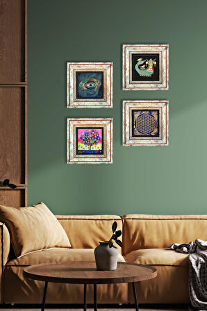 Nazar, Yaşam Çiçeği, Hayat Ağacı, Şahmeran Taş Duvar Tablosu Çerçeveli Duvar Dekoru 4 Parça Tablo Seti Wall Art