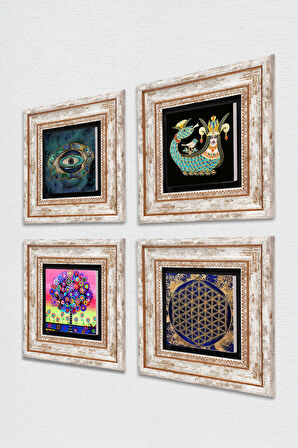 Nazar, Yaşam Çiçeği, Hayat Ağacı, Şahmeran Taş Duvar Tablosu Çerçeveli Duvar Dekoru 4 Parça Tablo Seti Wall Art