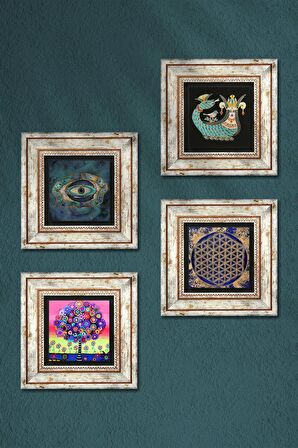 Nazar, Yaşam Çiçeği, Hayat Ağacı, Şahmeran Taş Duvar Tablosu Çerçeveli Duvar Dekoru 4 Parça Tablo Seti Wall Art