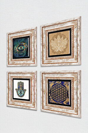 Nazar, Lotus Çiçeği, Yaşam Çiçeği, Fatma Ana Eli (Hamsa) Taş Duvar Tablosu Çerçeveli Duvar Dekoru 4 Parça Tablo Seti Wall Art