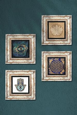 Nazar, Lotus Çiçeği, Yaşam Çiçeği, Fatma Ana Eli (Hamsa) Taş Duvar Tablosu Çerçeveli Duvar Dekoru 4 Parça Tablo Seti Wall Art