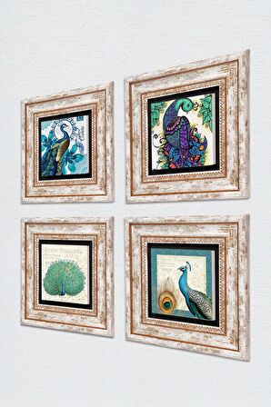 Tavus Kuşu Taş Duvar Tablosu Çerçeveli Duvar Dekoru 4 Parça Tablo Seti Wall Art