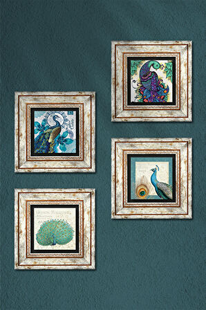 Tavus Kuşu Taş Duvar Tablosu Çerçeveli Duvar Dekoru 4 Parça Tablo Seti Wall Art