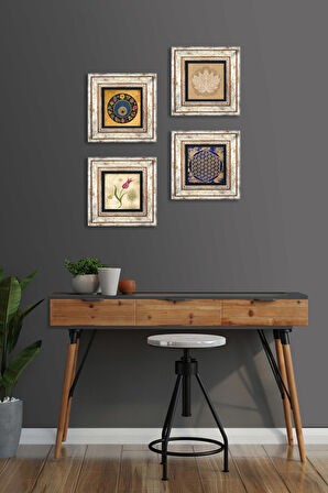 Lotus Çiçeği, Yaşam Çiçeği, Lale, Nazar Taş Duvar Tablosu Çerçeveli Duvar Dekoru 4 Parça Tablo Seti Wall Art