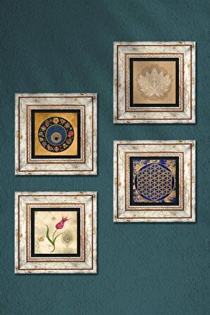 Lotus Çiçeği, Yaşam Çiçeği, Lale, Nazar Taş Duvar Tablosu Çerçeveli Duvar Dekoru 4 Parça Tablo Seti Wall Art