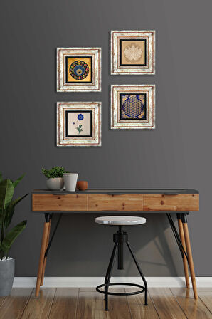 Lotus Çiçeği, Yaşam Çiçeği, Ebru Sanatı, Nazar Taş Duvar Tablosu Çerçeveli Duvar Dekoru 4 Parça Tablo Seti Wall Art