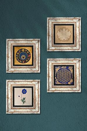 Lotus Çiçeği, Yaşam Çiçeği, Ebru Sanatı, Nazar Taş Duvar Tablosu Çerçeveli Duvar Dekoru 4 Parça Tablo Seti Wall Art