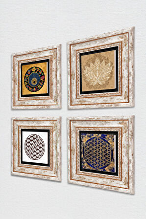 Lotus Çiçeği, Yaşam Çiçeği, Nazar Taş Duvar Tablosu Çerçeveli Duvar Dekoru 4 Parça Tablo Seti Wall Art