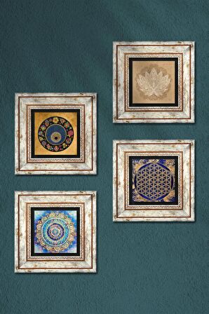 Mandala, Lotus Çiçeği, Yaşam Çiçeği, Nazar Taş Duvar Tablosu Çerçeveli Duvar Dekoru 4 Parça Tablo Seti Wall Art