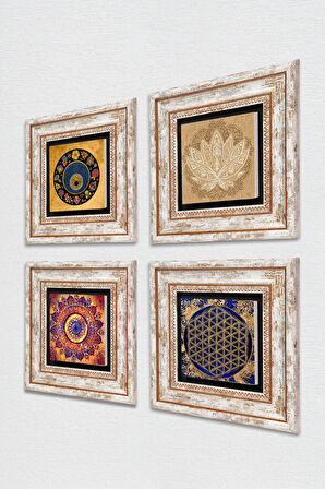Mandala, Lotus Çiçeği, Yaşam Çiçeği, Nazar Taş Duvar Tablosu Çerçeveli Duvar Dekoru 4 Parça Tablo Seti Wall Art