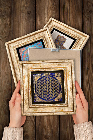 Mandala, Lotus Çiçeği, Yaşam Çiçeği, Nazar Taş Duvar Tablosu Çerçeveli Duvar Dekoru 4 Parça Tablo Seti Wall Art