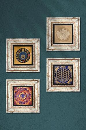 Mandala, Lotus Çiçeği, Yaşam Çiçeği, Nazar Taş Duvar Tablosu Çerçeveli Duvar Dekoru 4 Parça Tablo Seti Wall Art