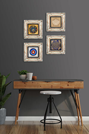 Lotus Çiçeği, Yaşam Çiçeği, Nazar Taş Duvar Tablosu Çerçeveli Duvar Dekoru 4 Parça Tablo Seti Wall Art