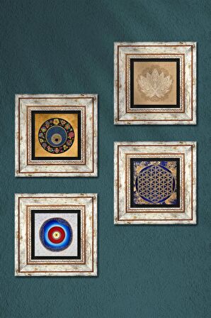 Lotus Çiçeği, Yaşam Çiçeği, Nazar Taş Duvar Tablosu Çerçeveli Duvar Dekoru 4 Parça Tablo Seti Wall Art