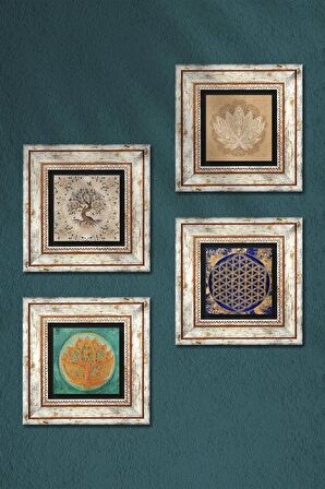 Lotus Çiçeği, Yaşam Çiçeği, Hayat Ağacı Taş Duvar Tablosu Çerçeveli Duvar Dekoru 4 Parça Tablo Seti Wall Art