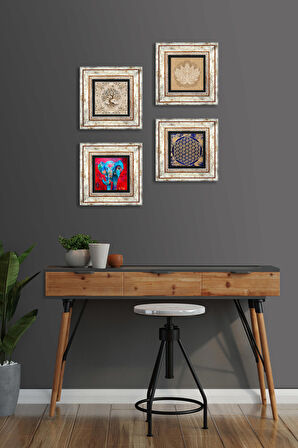 Fil, Lotus Çiçeği, Yaşam Çiçeği, Hayat Ağacı Taş Duvar Tablosu Çerçeveli Duvar Dekoru 4 Parça Tablo Seti Wall Art