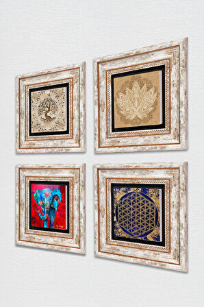 Fil, Lotus Çiçeği, Yaşam Çiçeği, Hayat Ağacı Taş Duvar Tablosu Çerçeveli Duvar Dekoru 4 Parça Tablo Seti Wall Art