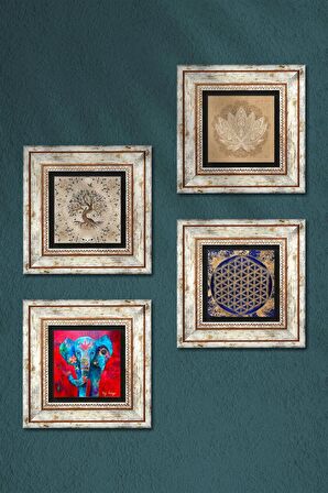 Fil, Lotus Çiçeği, Yaşam Çiçeği, Hayat Ağacı Taş Duvar Tablosu Çerçeveli Duvar Dekoru 4 Parça Tablo Seti Wall Art