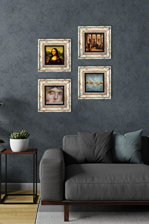 Leonardo da Vinci, Michelangelo, Çingene Kızı, Bir Roma Sanat Aşığı Taş Duvar Tablosu Çerçeveli Duvar Dekoru 4 Parça Tablo Seti Wall Art