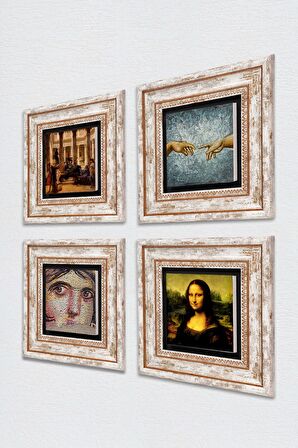 Leonardo da Vinci, Michelangelo, Çingene Kızı, Bir Roma Sanat Aşığı Taş Duvar Tablosu Çerçeveli Duvar Dekoru 4 Parça Tablo Seti Wall Art